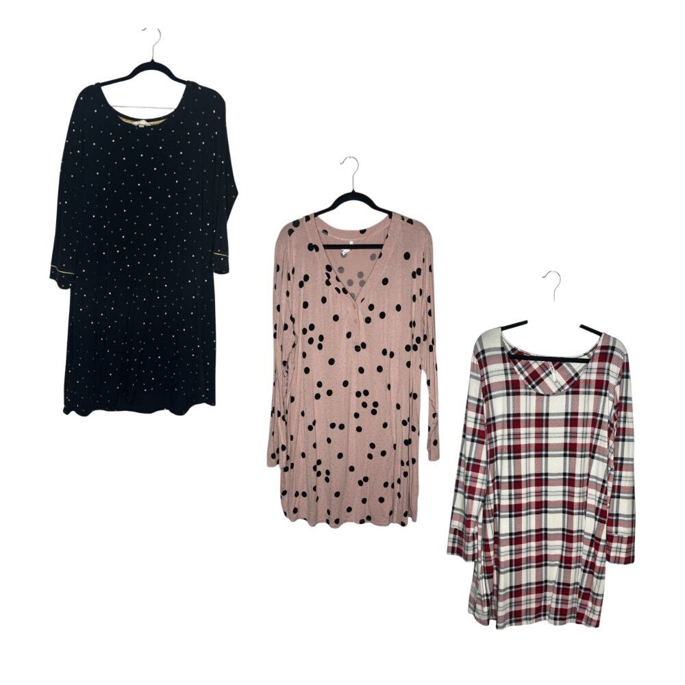 Soma Lot of 3 Sleepshirt Women's XXL Cool Nights Plaid Polka Dot Long Sleeve
